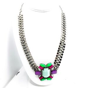 Multi-coloured statement necklace chain rhinestone cabochons Green Purple Pink